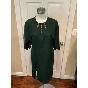 Megan Park Dark Green Cape Sleeve Bejeweled Dress, Size 2